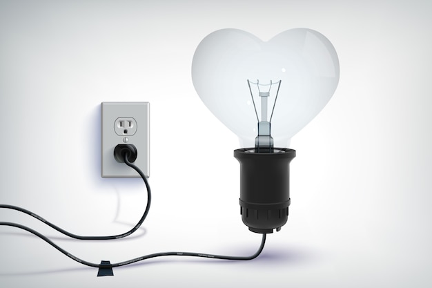 Realistisches romantisches Konzept der realistischen verdrahteten Glühbirne in Herzform mit eingesteckter Steckdose