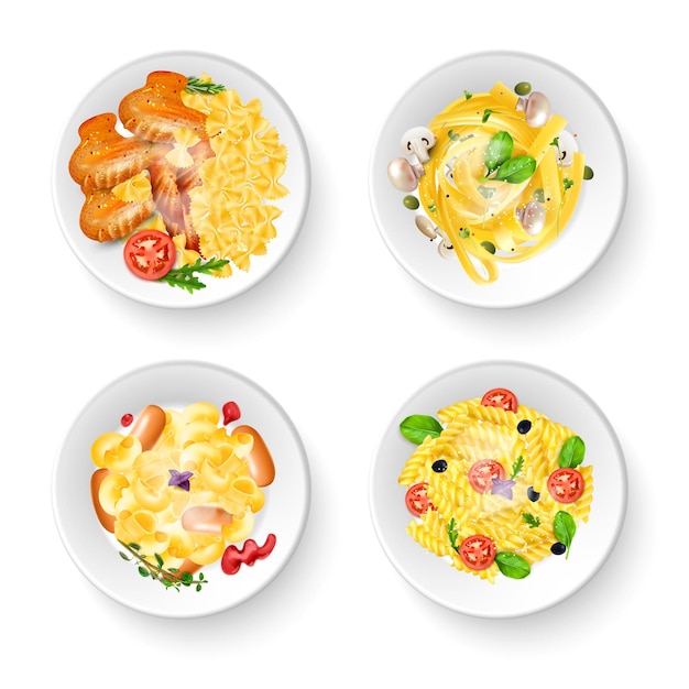 Kostenloser Vektor realistisches set aus vier köstlichen gerichten mit italienischer pasta, fleisch, gemüse und pilzen, draufsicht, isolierte vektorillustration