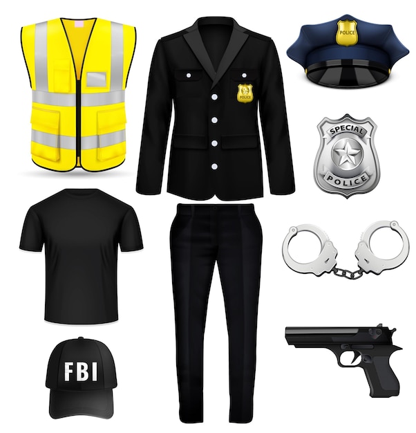 Kostenloser Vektor realistisches set der fbi-polizistenuniform und -ausrüstung mit reflektierender weste, pistole, kappe, kleidung, handschellen, abzeichen, isolierte vektorillustration