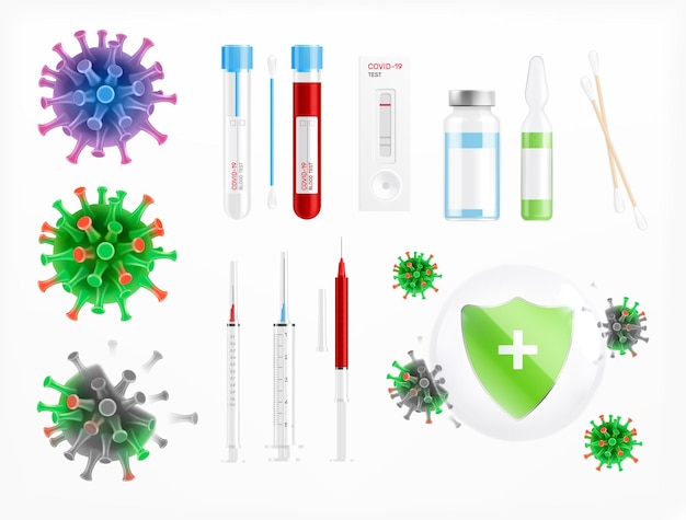 Realistisches set des coronavirus-impfstoffs mit isolierten symbolen von viren und ausrüstung für impfspritzen- und fläschchenvektorillustration