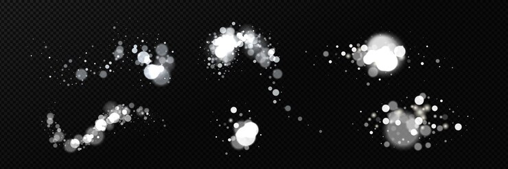 Kostenlose Vektor realistisches set verschwommene silberweiße lichter, die auf schwarzem hintergrund funkeln vektorillustration abstrakter festlicher girlandenzauber schimmernder staub fantasie-glühwürmchen in der nacht banner-designelemente