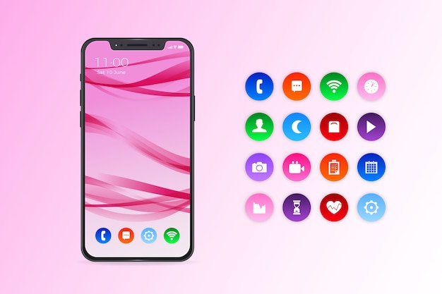 Kostenloser Vektor realistisches smartphone mit apps in rosatönen mit farbverlauf