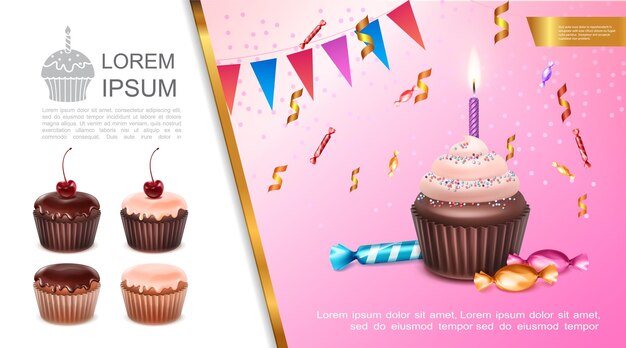 Realistisches süßes Geburtstagskonzept mit festlicher Cupcake brennender Kerzenbonbongirlande und Konfettiillustration