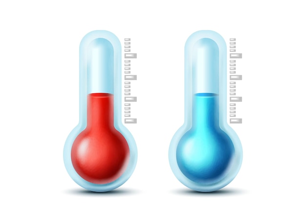 Realistisches vektorsymbol im cartoon-stil. heißes und kaltes thermometer im cartoon-stil. getrennt auf weißer rückseite