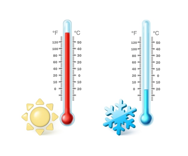 Kostenloser Vektor realistisches vektorsymbol im cartoon-stil. heißes und kaltes thermometer mit sonnen- und schneeflockenikone, karikatur s