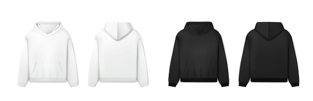 Realistisches Vektorsymbol Schwarz-weißer Hoodie Herren-Sweatshirt in Vorder- und Seitenansicht