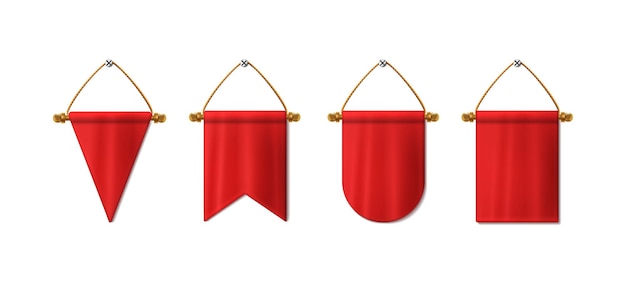 Realistisches vektorsymbol-set roter hängender wimpel in verschiedenen formen hängende bannerflagge