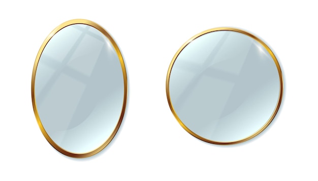 realistisches Vektorsymbol-Set Zwei Spiegel mit Goldrahmen oval und rund isoliert auf weißem Hintergrund