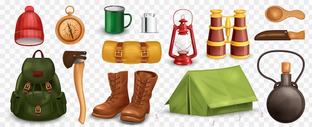 Kostenloser Vektor realistisches vintage-camping-set auf transparentem hintergrund mit isolierten symbolen notwendiger gegenstände für outdoor-abenteuer-vektorillustration