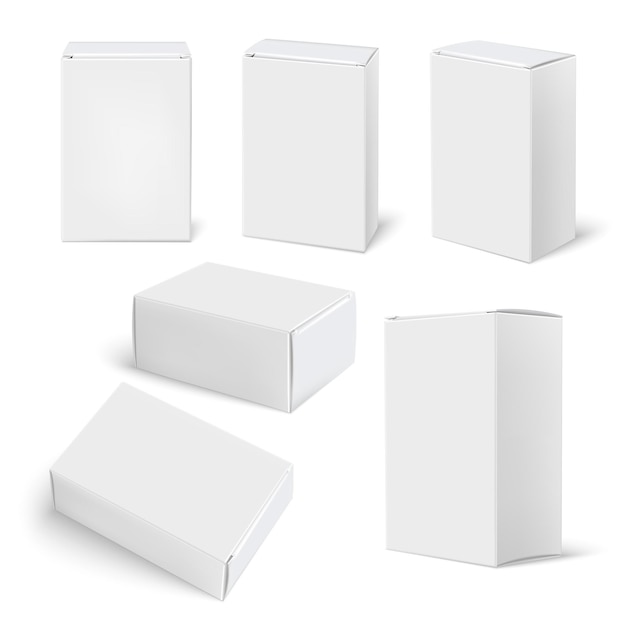 Kostenloser Vektor realistisches white-box-mockup-set mit isolierten bildern ähnlicher leerer verpackungsboxen auf leerer hintergrundvektorillustration