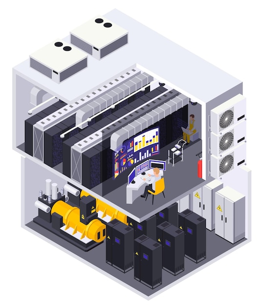 Rechenzentrum 2-stöckige anlage isometrischer schnitt mit computerausrüstung server router operator desk