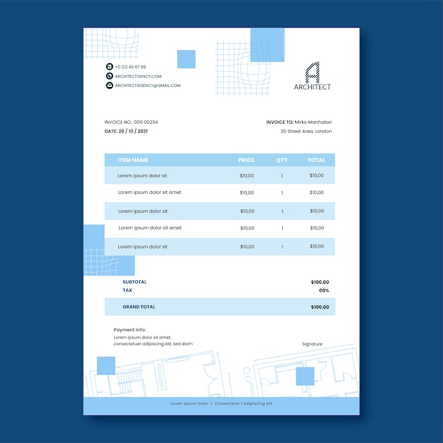 Kostenloser Vektor rechnungsvorlage für minimale architekturentwicklung