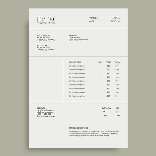 Rechnungsvorlage für minimalistische Thermalbehandlungen