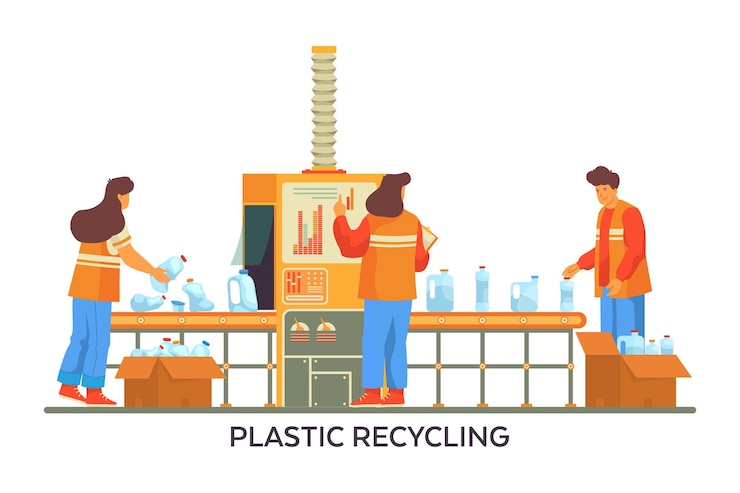 Kostenlose Vektor recyclingprozess von plastikflaschen, banner oder hintergrund. öko-technologie oder innovation beim recycling von kunststoffabfällen. charaktere, die recycelte flaschen sortieren und verpacken. ökologisches thema, verarbeitende industrie.