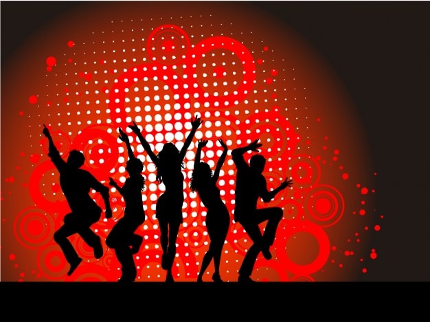 Kostenloser Vektor red party-hintergrund mit tanzenden silhouette