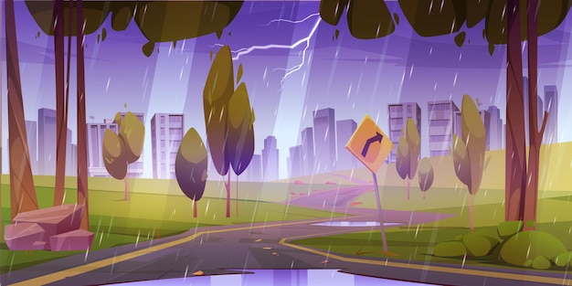 Regen auf dem weg in die stadt mit waldlandschaft karikatur regnerische städtische skyline hintergrund blitz im himmel und wasserpfütze auf der asphaltstraße in die stadt schöner weg in die metropole durch die grüne natur