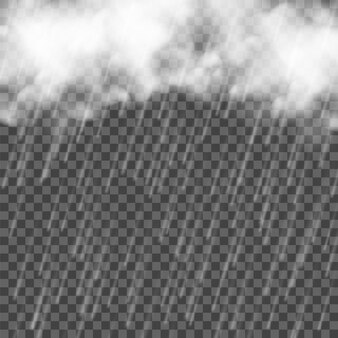 Regen mit wolken, die wassertropfen vektorrealistischer sturm auf transparentem hintergrund fallen