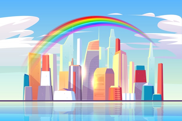 Regenbogen über der stadtskyline-architekturufergegend