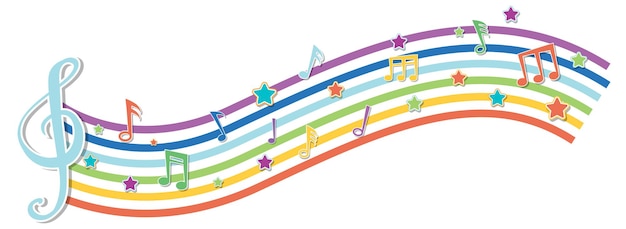 Kostenloser Vektor regenbogenwelle mit melodiesymbolen