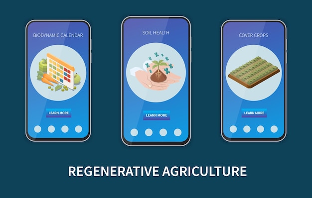Regenerative landwirtschaft isometrisches set mit mobilen app-vorlagen, die beim gesunden pflanzenanbau helfen, isolierte vektorillustration