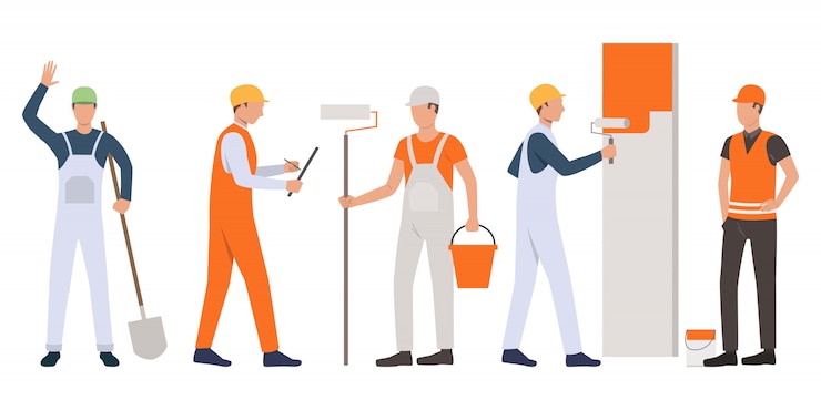Kostenlose Vektor reihe von bauherren, vorarbeiter, maler und handwerker arbeiten