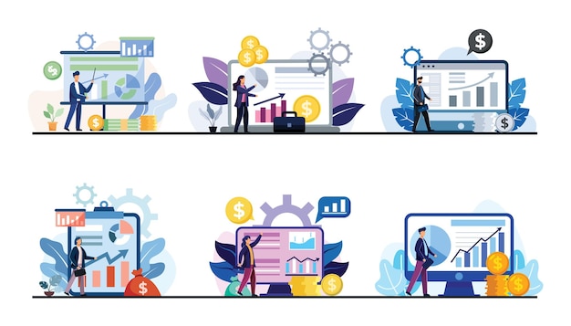 Reihe von Geschäften und Transaktionen mit Diagrammen, die die Betriebsergebnisse auf Computermonitoren und Bildschirmen anzeigen. Geschäftskonzept flache Designillustration