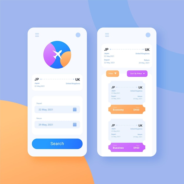 Reisebuchungs-app-bildschirme