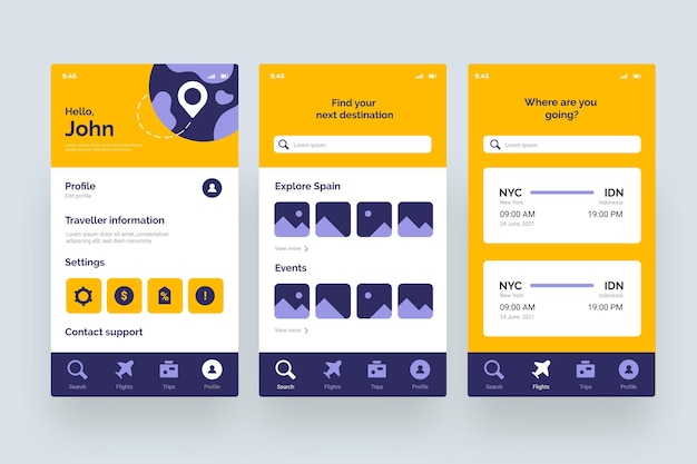 Kostenloser Vektor reisebuchungs-app-bildschirme