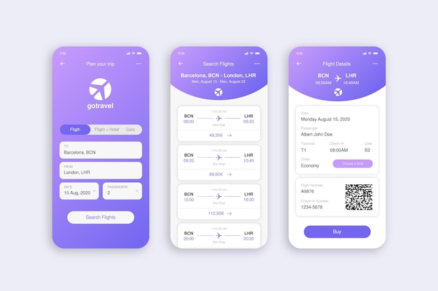 Reisebuchungs-app-bildschirme