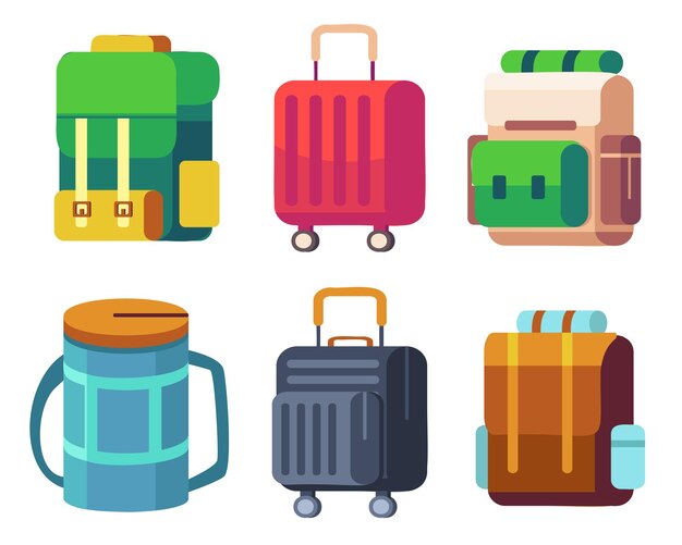 Reisekoffer Reisepaket Geschäftsreisetasche Reisegepäck Sammlung verschiedener Taschen Haufen Gepäck Koffer Gepäck Vektor-Illustration