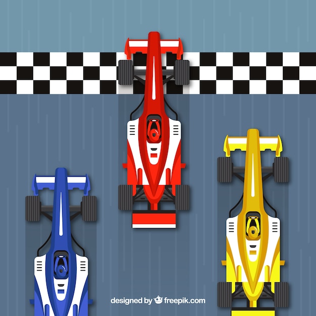 Rennwagen der Formel 1 an der Ziellinie mit Draufsicht