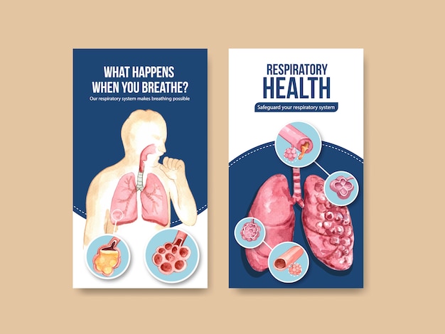 Respiratory instagram template design mit menschlicher anatomie der lunge und gesunder pflege