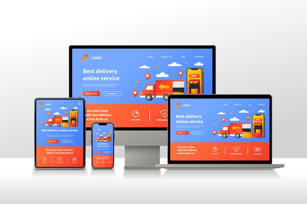 Kostenloser Vektor responsive website-design-set mit farbverlauf