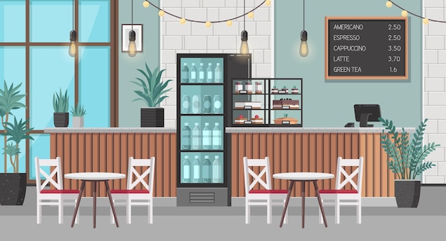 Restaurant-Interieur-Cartoon mit Café-Möbeln und Flaschenkühlschrank-Vektorillustration