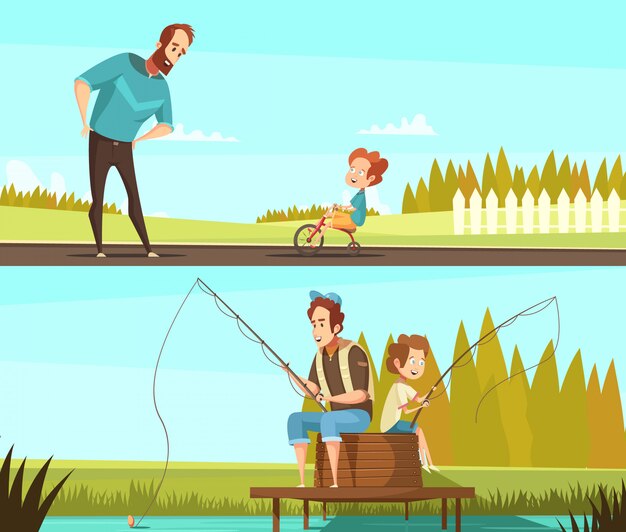 Retro- Aktivitätsfahnen der Karikatur der Vaterschaft 2 im Freien mit zusammen fischen und Radfahren des kleinen Jungen lokalisierte Vektorillustration