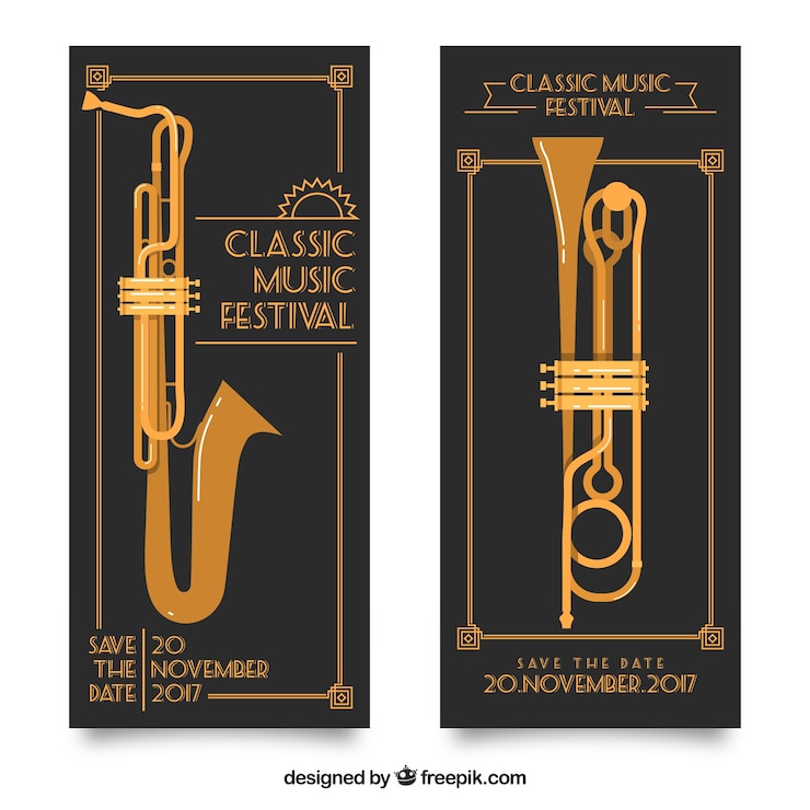 Kostenlose Vektor retro-banner mit musikinstrumenten