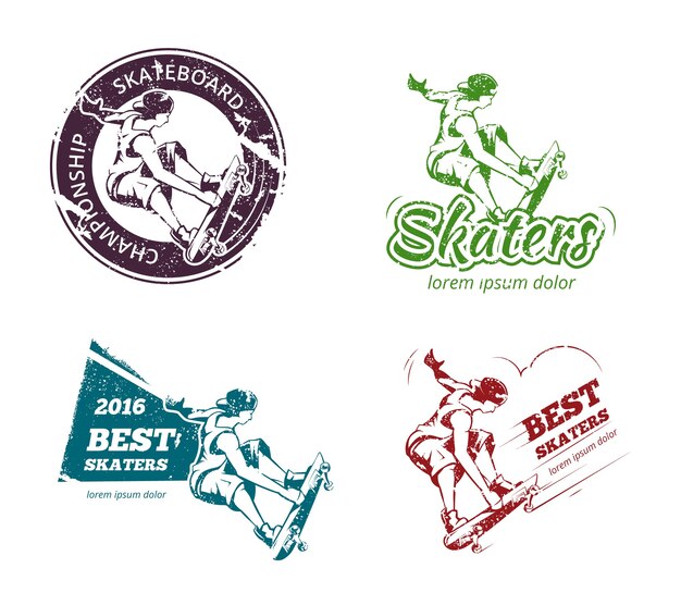 Retro Farbe Skateboarding Etiketten, Logos und Aufkleber gesetzt. Emblem Abzeichen Druck, extrem urban. Vektorillustration