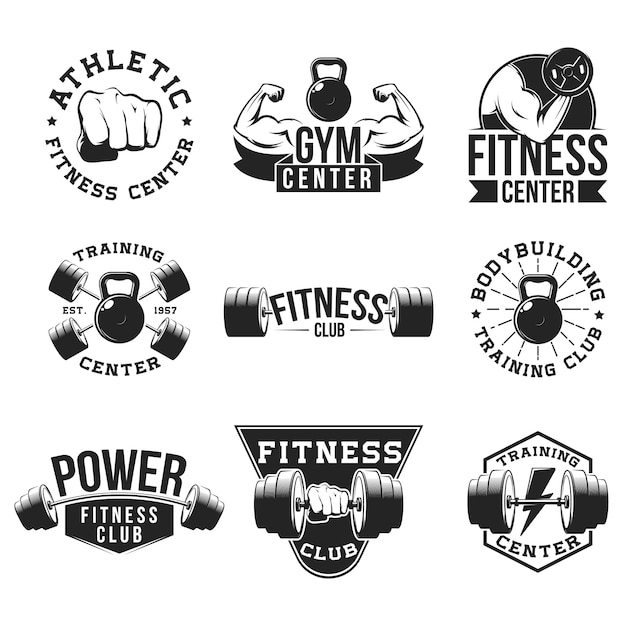 Retro fitnessstudio flache emblem set