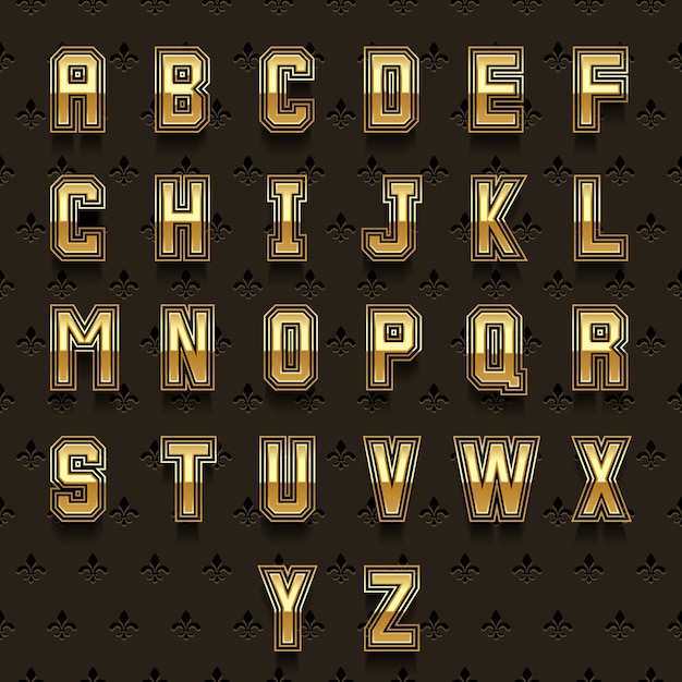 Retro goldenes alphabet. typ abc, satzdesign glänzend, königliche sammlung