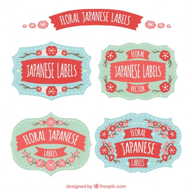 Kostenloser Vektor retro japanische etiketten mit hand gezeichneten blumen