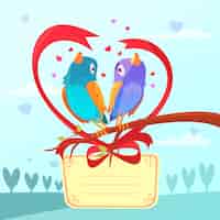 Kostenloser Vektor retro- karikaturkarte des valentinstags mit vogelpaaren