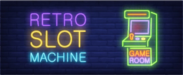 Kostenloser Vektor retro- neonstilfahne der retro- spielmaschine auf ziegelsteinhintergrund. arcade-maschine mit schriftzug.