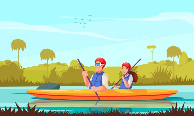 River-rafting-cartoon-poster mit jungen paaren in der kajak-vektorillustration