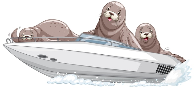 Kostenloser Vektor robben auf dem schnellboot im cartoon-stil