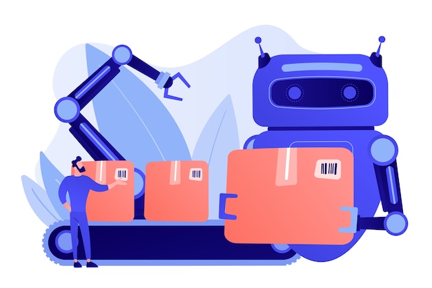 Kostenloser Vektor roboter, der menschliches arbeiten mit kisten auf förderband und roboterarm ersetzt. arbeitssubstitution, mensch gegen roboter, robotik-arbeitskontrollkonzept