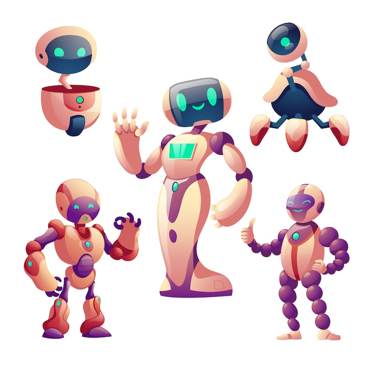Kostenlose Vektor roboter eingestellt, humanoide cyborgs mit gesicht, körper, armen
