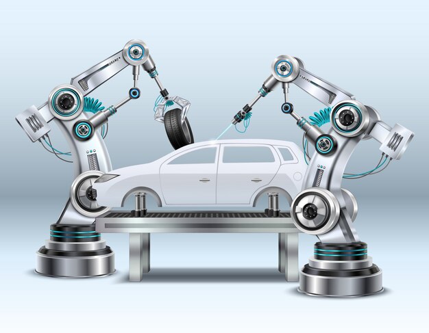 Roboterarme im Automobilfertigungsstraße-Herstellungsverfahren im realistischen Zusammensetzungsnahaufnahmebild der Automobilindustrie