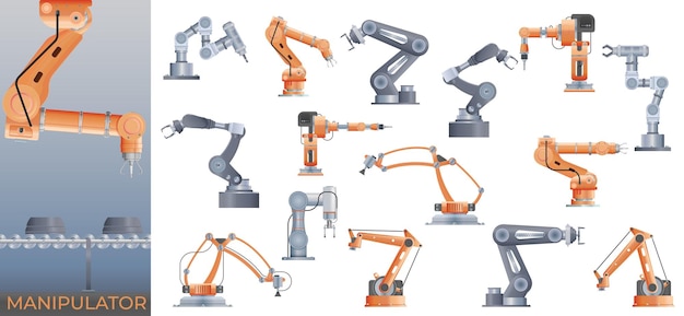 Kostenloser Vektor robotermanipulatorarm realistische zusammensetzung mit blick auf industriellen linientext und isolierte ikonen von manipulatoren vektorillustration