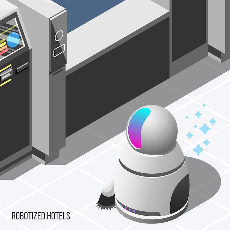 Kostenlose Vektor robotized hotels isometrische hintergrund