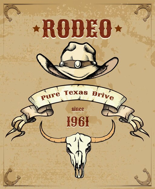 Rodeo-Grafik mit Cowboyhut und Viehschädel